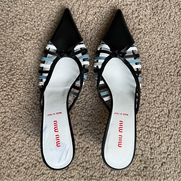 MIU MIU Blue/Black Leather Low Heeled Slides Sz 37 - Picture 6 of 12